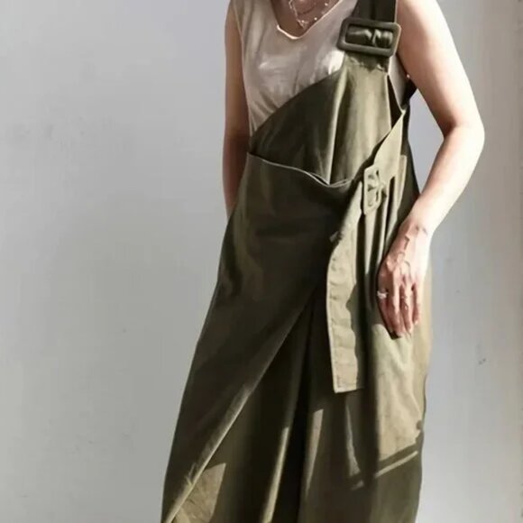 Olive Military Green One Shoulder Oversized Buckle Wide Leg Pants - Picture 1 of 3